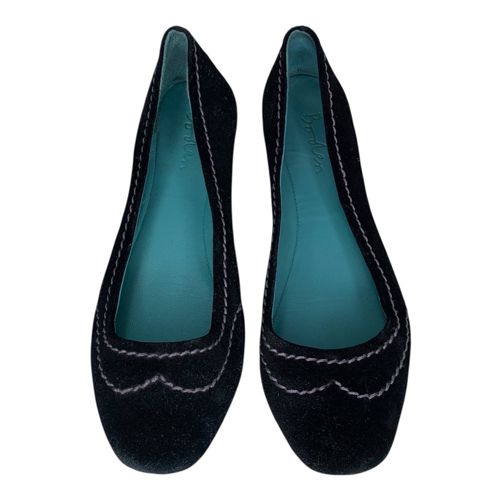 Boden Black Suede Ballerina Flats Turquoise Lining Border Gray Stitching Sz 6.5